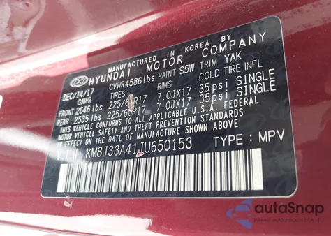 2018 Hyundai Tucson Sel z USA, uszkodzony, nr VIN KM8J33A41JU650153